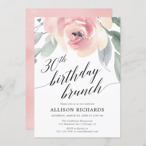 Calligraphy blush floral 30th birthday brunch invitation