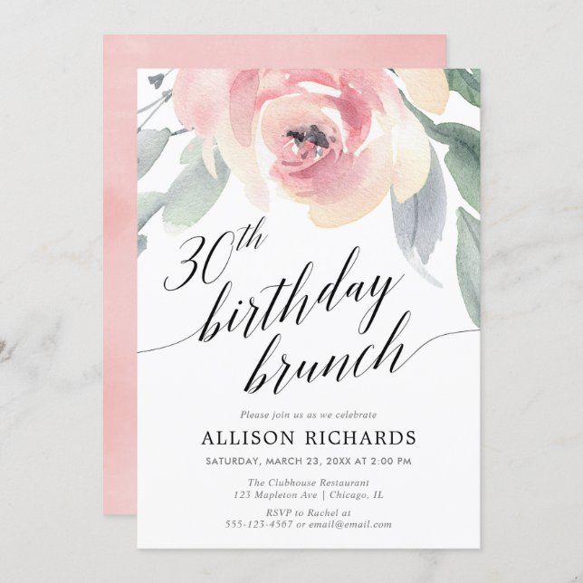 Calligraphy blush floral 30th birthday brunch invitation (Front/Back)
