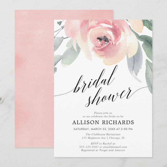 Calligraphy blush floral elegant bridal shower invitation (Front/Back)