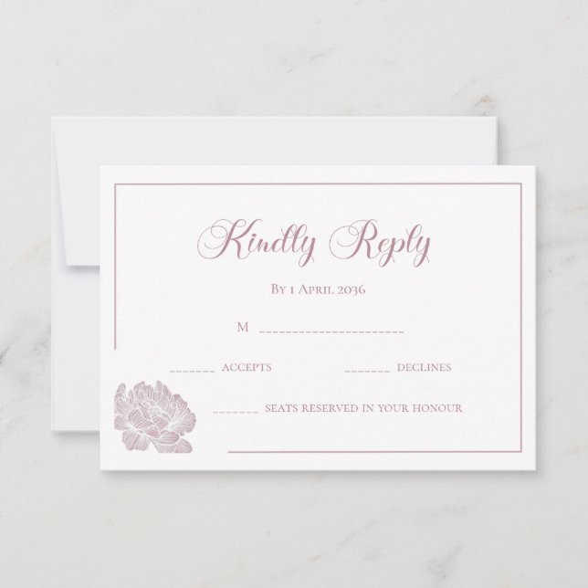 Calligraphy Blush Pink and White Floral Wedding RSVP Card (Front)
