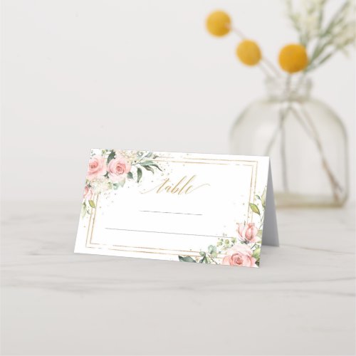 Calligraphy blush pink roses eucalyptus gold frame place card
