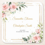 Calligraphy blush pink roses eucalyptus gold frame square paper coaster<br><div class="desc">Embrace the elegant charm of the Calligraphy Blush Pink Roses Eucalyptus Gold Frame Square Paper Coaster, a delightful addition to any gathering or coffee table. Its intricate design combines the softness of blush pink roses with the freshness of eucalyptus, all tastefully framed in luxurious gold accents. Each use of this...</div>