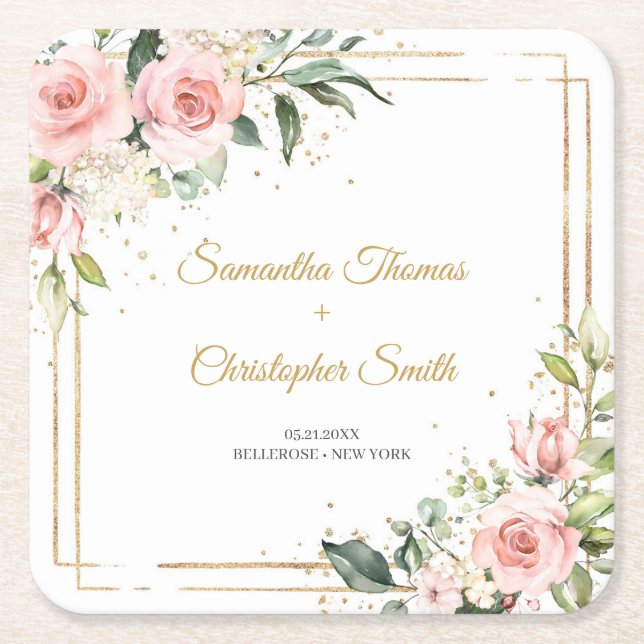 Calligraphy blush pink roses eucalyptus gold frame square paper coaster (Front)