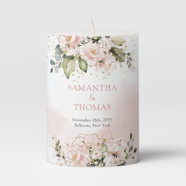 Calligraphy  blush pink roses eucalyptus gold  pillar candle (Front)