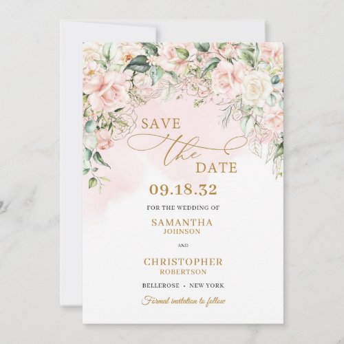 Calligraphy blush pink roses eucalyptus gold save the date