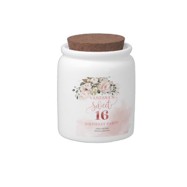 Calligraphy blush pink roses gold 16th birthday candy jar (Right)