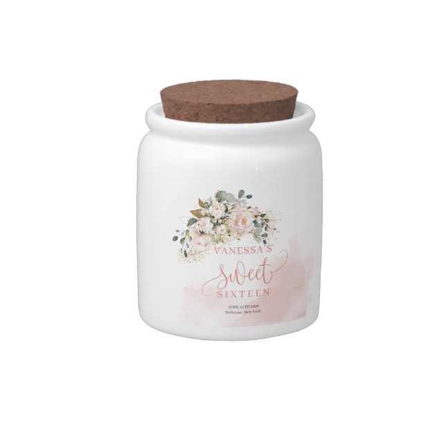 Calligraphy blush pink roses gold 16th birthday candy jar (Right)