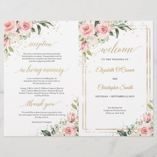 Calligraphy blush pink roses gold folded program