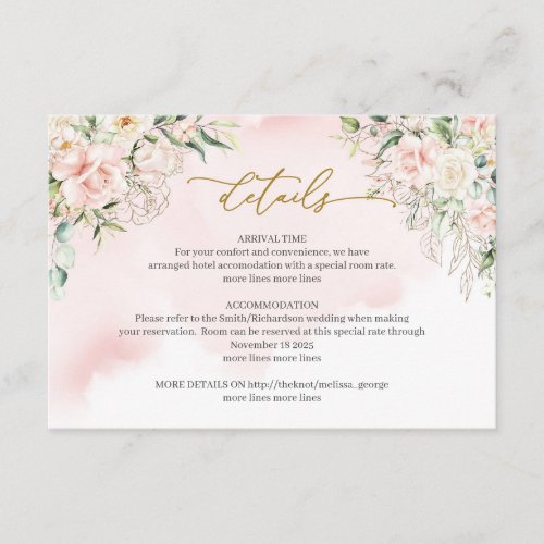 Calligraphy blush pink roses greenery details card