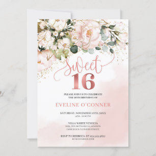 Calligraphy blush pink roses greenery sweet 16th invitation