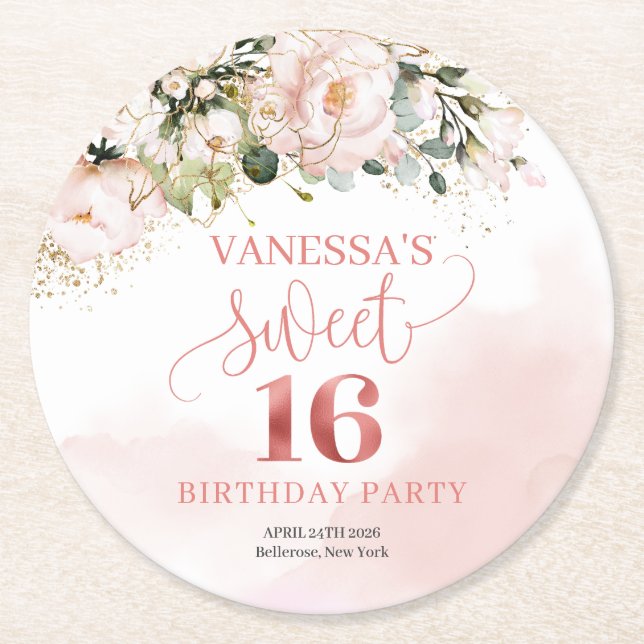 Calligraphy  blush pink roses sage 16th birthday  round paper coaster (Front)