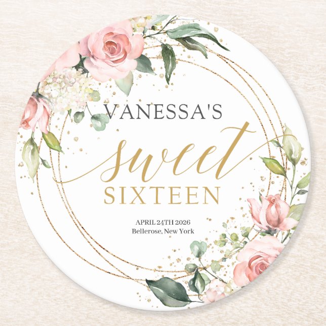 Calligraphy  blush pink roses sage 16th birthday  round paper coaster (Front)