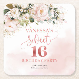 Calligraphy blush pink roses sage 16th birthday square paper coaster