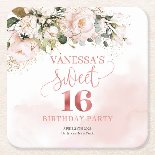 Calligraphy  blush pink roses sage 16th birthday  square paper coaster