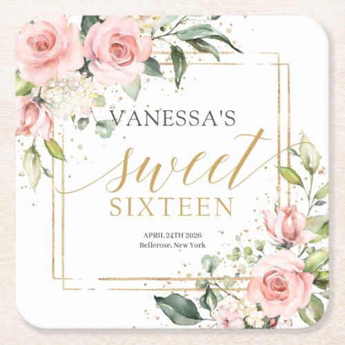 Calligraphy  blush pink roses sage 16th birthday  square paper coaster