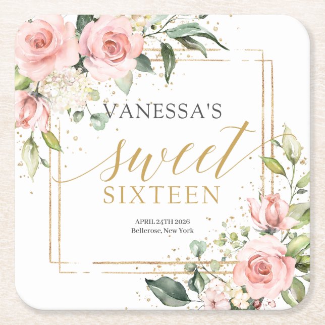 Calligraphy  blush pink roses sage 16th birthday  square paper coaster (Front)