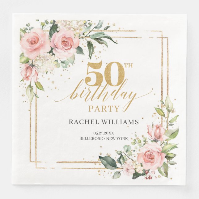 Calligraphy blush pink roses sage 50th birthday paper dinner napkins (Front)