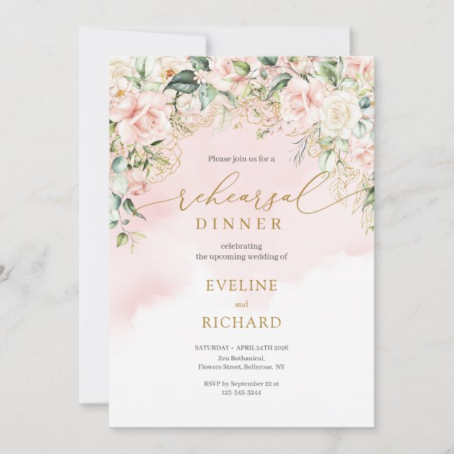 Calligraphy blush roses eucalyptus gold rehearsal invitation (Front)