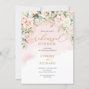 Calligraphy blush roses eucalyptus gold rehearsal invitation