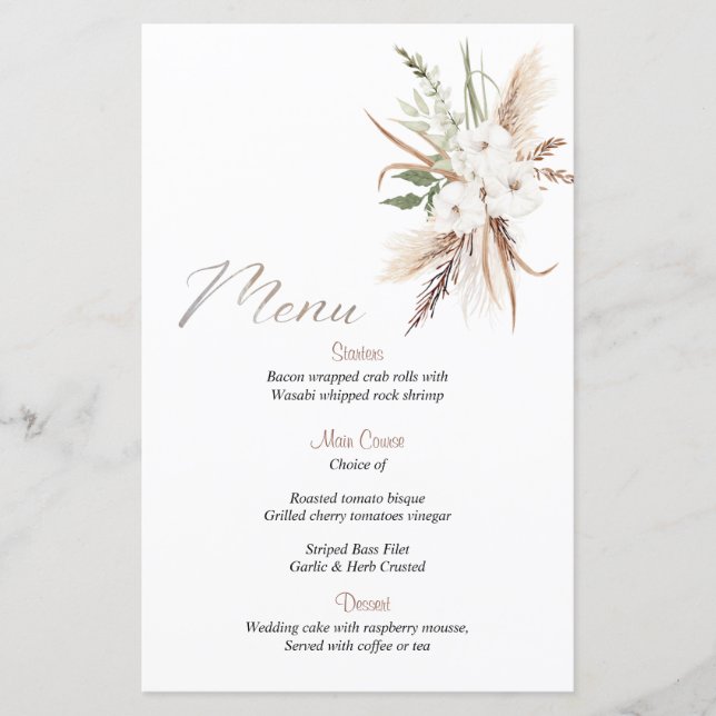 Calligraphy Boho beige flower wedding menu's (Front)