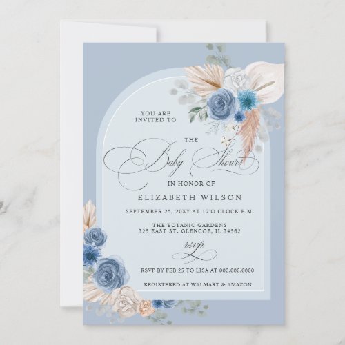 Calligraphy Boho Dusty Blue Pampas Baby Shower Invitation