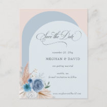 Calligraphy Boho Dusty Blue Pampas Save the Date Announcement Postcard
