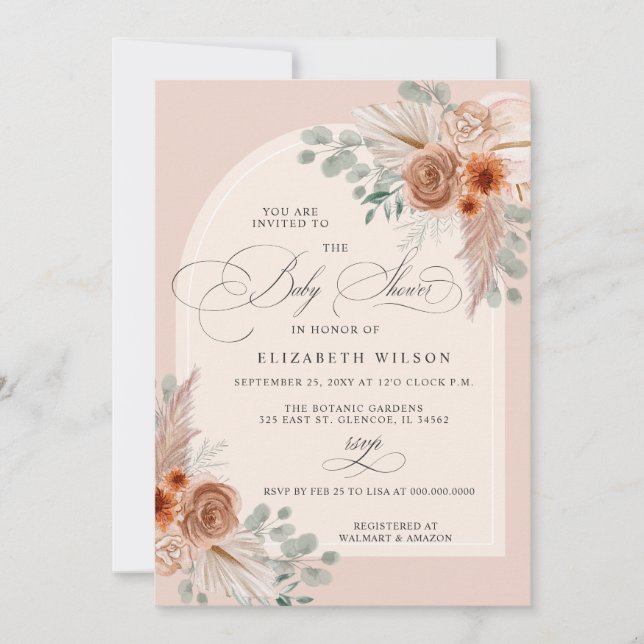 Calligraphy Boho Terracotta Pampas Baby Shower Invitation (Front)