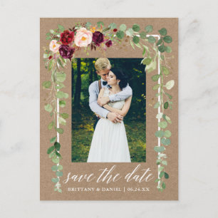 Calligraphy Botanical Floral Kraft Save The Date Announcement Postcard