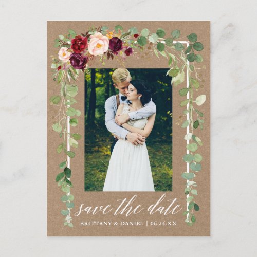 Calligraphy Botanical Floral Kraft Save The Date Announcement Postcard