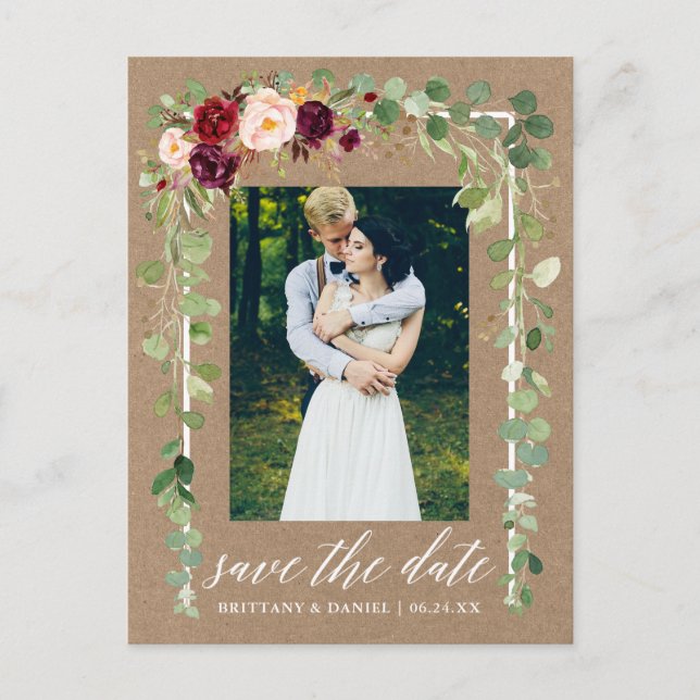 Calligraphy Botanical Floral Kraft Save The Date Announcement Postcard (Front)