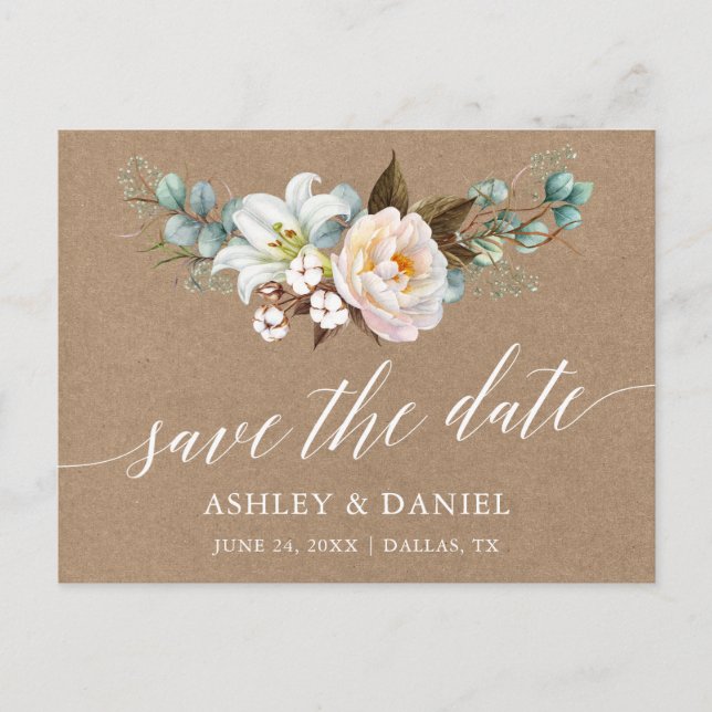 Calligraphy Botanical Floral Kraft Save The Date Postcard (Front)