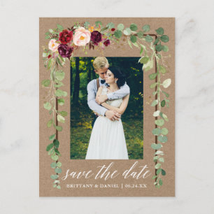 Calligraphy Botanical Floral Save The Date Kraft Announcement Postcard