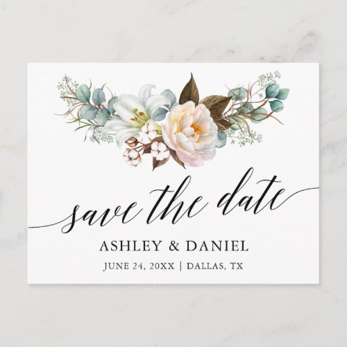 Calligraphy Botanical Floral Save The Date Postcard