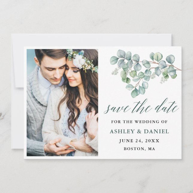 Calligraphy Botanical Green Eucalyptus Leaves Save The Date (Front)
