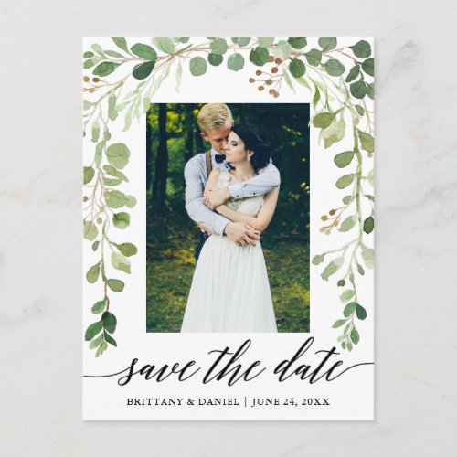 Calligraphy Botanical Green Save The Date Photo Announcement Postcard