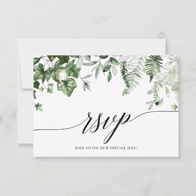 Calligraphy Botanical Ivy Greenery Wedding RSVP Card (Front)