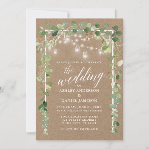 Calligraphy Botanical Lights Kraft Wedding Invitation