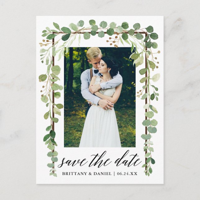 Calligraphy Botanical Save The Date Wood Frame Announcement Postcard (Front)