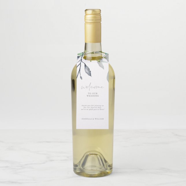 Calligraphy Botanical Wedding Welcome Bottle Hanger Tag (On Bottle)