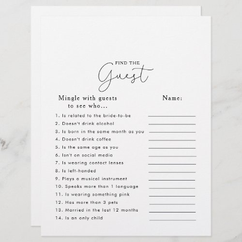 Calligraphy Bridal Shower Find the Guest Game