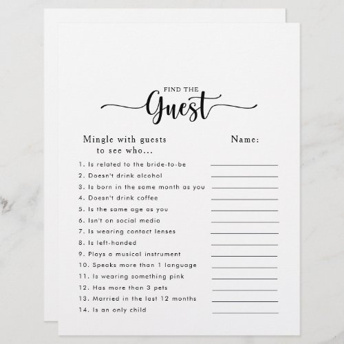 Calligraphy Bridal Shower Find the Guest Game