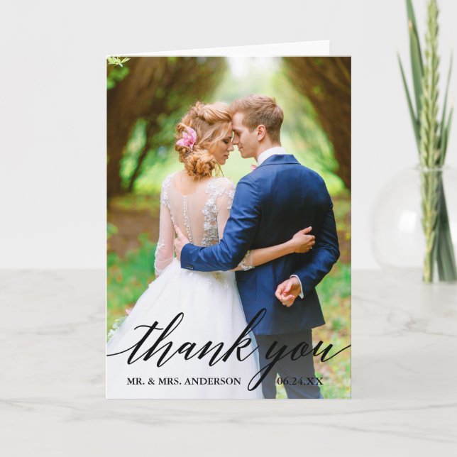 Calligraphy | Bride Groom Wedding Photo Fold Thank You Card (Front)