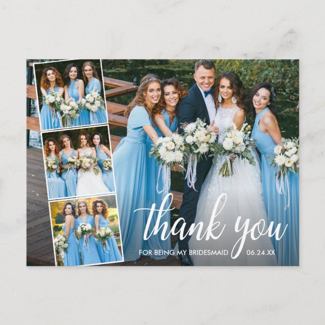 Calligraphy Bridesmaids 4 Photo Collage Thank You Postcard (Front)