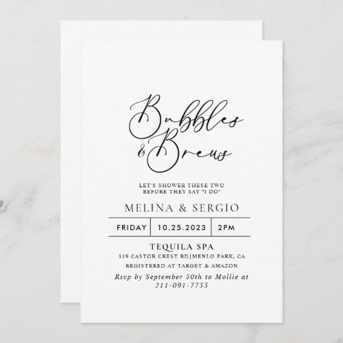 Calligraphy Bubbles  Brews Bridal shower  Invitation