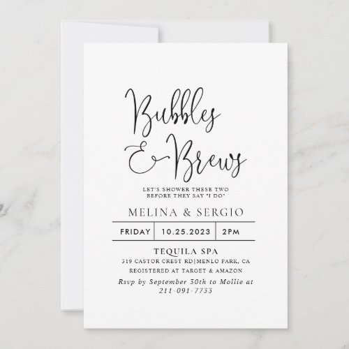 Calligraphy Bubbles  Brews Bridal shower    Invitation