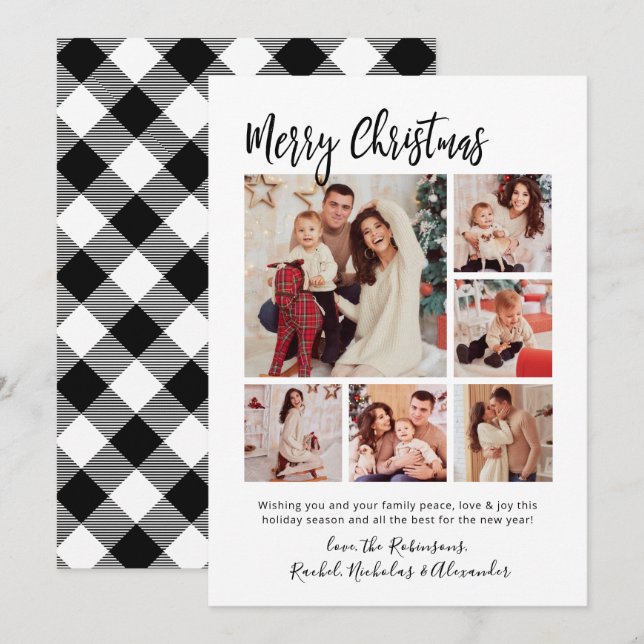 Calligraphy Buffalo Plaid 6 Multi Photo Christmas  Holiday Card (Front/Back)