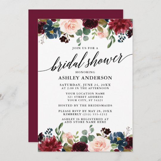 Calligraphy Burgundy Blue Floral Bridal Shower Invitation | Zazzle.com