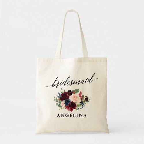 Calligraphy Burgundy Blue Floral Bridesmaid Name Tote Bag