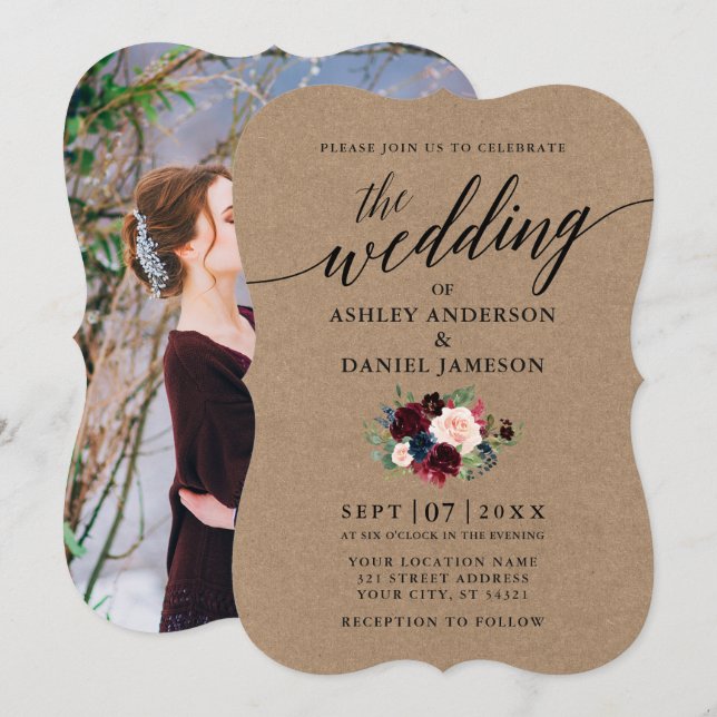 Calligraphy Burgundy Blue Floral Photo Kraft Invitation (Front/Back)