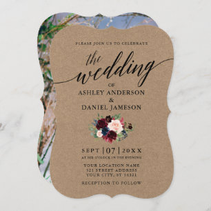 Calligraphy Burgundy Blue Floral Photo Kraft Invitation